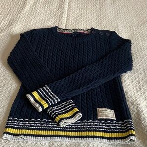 Tommy Hilfiger Navy Cable Knit Sweater with Striped Cuffs